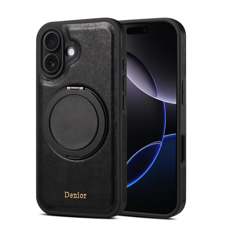 For iPhone 16 Denior A17 Genuine Leather Gear Magnetic Holder Phone Case(Black) - iPhone 16 Cases by Denior | Online Shopping South Africa | PMC Jewellery | Buy Now Pay Later Mobicred