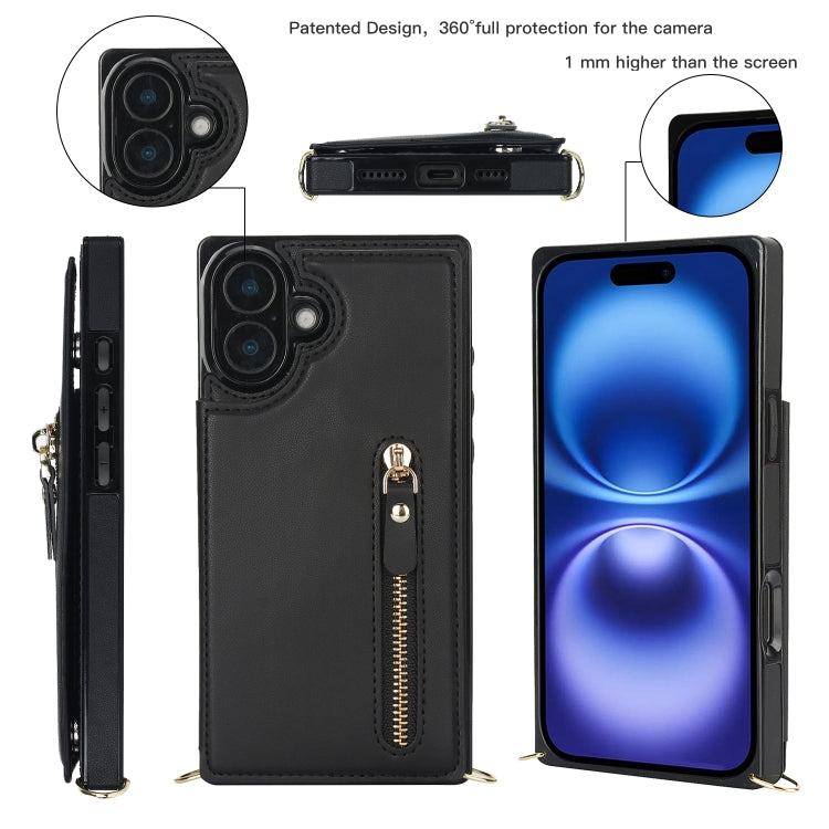 For iPhone 16 Plus Cross-body Zipper Square Phone Case(Black) - free shipping - PMC Jewellery - Order now!