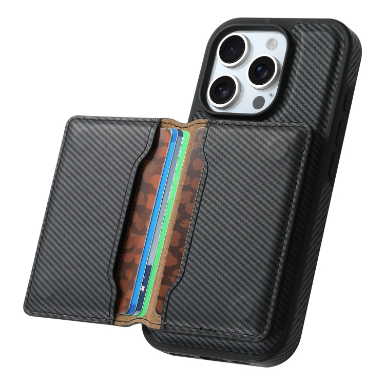 For iPhone 16 Pro Max Denior Carbon Fiber Texture Leather Card Bag MagSafe Phone Case(Black) - iPhone 16 Pro Max Cases by Denior | Online Shopping South Africa | PMC Jewellery | Buy Now Pay Later Mobicred