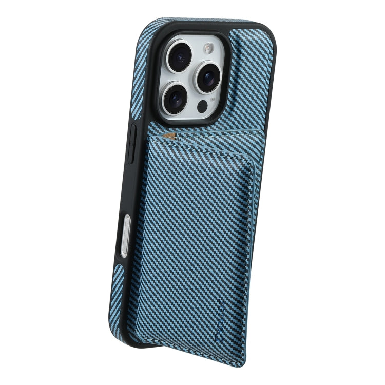 For iPhone 16 Pro Max Denior Carbon Fiber Texture Leather Card Bag MagSafe Phone Case(Blue) - free shipping - PMC Jewellery - Order now!