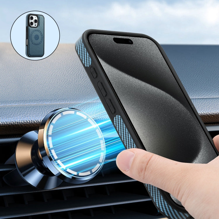 For iPhone 16 Pro Max Denior Carbon Fiber Texture Leather Card Bag MagSafe Phone Case(Blue) - free shipping - PMC Jewellery - Order now!