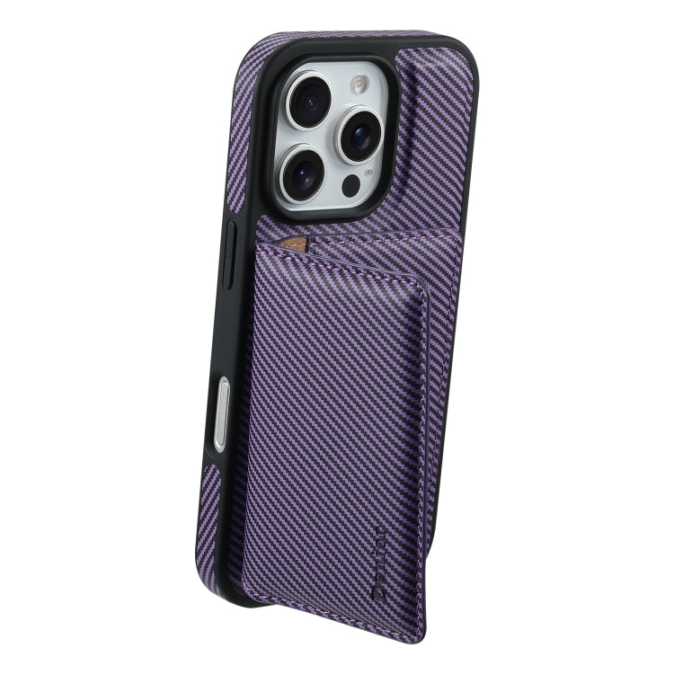 For iPhone 16 Pro Max Denior Carbon Fiber Texture Leather Card Bag MagSafe Phone Case(Purple) - iPhone 16 Pro Max Cases by Denior | Online Shopping South Africa | PMC Jewellery | Buy Now Pay Later Mobicred