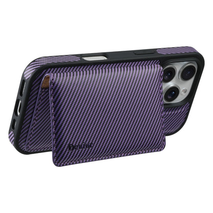 For iPhone 16 Pro Max Denior Carbon Fiber Texture Leather Card Bag MagSafe Phone Case(Purple) - iPhone 16 Pro Max Cases by Denior | Online Shopping South Africa | PMC Jewellery | Buy Now Pay Later Mobicred