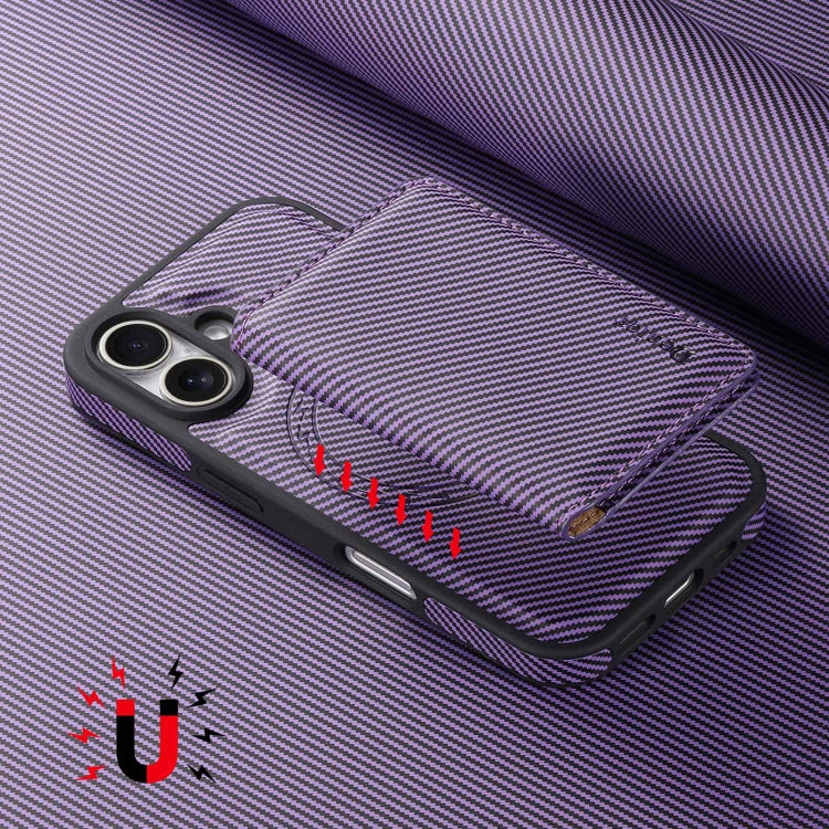 For iPhone 16 Plus Denior Carbon Fiber Texture Leather Card Bag MagSafe Phone Case(Purple) - iPhone 16 Plus Cases by Denior | Online Shopping South Africa | PMC Jewellery | Buy Now Pay Later Mobicred