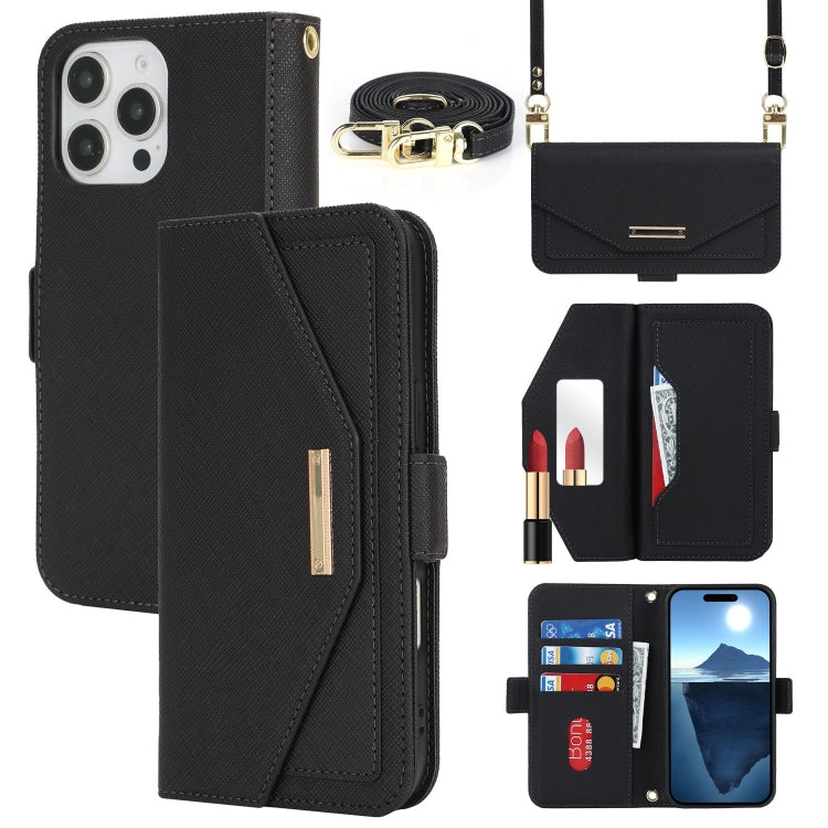 For iPhone 16 Pro Max Cross Texture Crossbody Lanyard Leather Phone Case(Black) - iPhone 16 Pro Max Cases by PMC Jewellery | Online Shopping South Africa | PMC Jewellery | Buy Now Pay Later Mobicred