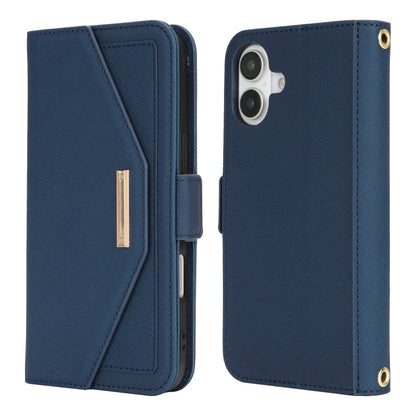 For iPhone 16 Plus Cross Texture Crossbody Lanyard Leather Phone Case(Blue) - iPhone 16 Plus Cases by PMC Jewellery | Online Shopping South Africa | PMC Jewellery | Buy Now Pay Later Mobicred