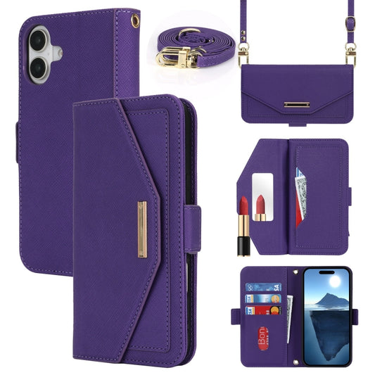 For iPhone 16 Plus Cross Texture Crossbody Lanyard Leather Phone Case(Purple) - iPhone 16 Plus Cases by PMC Jewellery | Online Shopping South Africa | PMC Jewellery | Buy Now Pay Later Mobicred