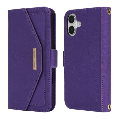 For iPhone 16 Plus Cross Texture Crossbody Lanyard Leather Phone Case(Purple) - iPhone 16 Plus Cases by PMC Jewellery | Online Shopping South Africa | PMC Jewellery | Buy Now Pay Later Mobicred