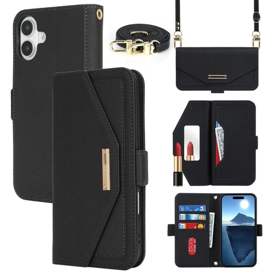 For iPhone 16 Cross Texture Crossbody Lanyard Leather Phone Case(Black) - iPhone 16 Cases by PMC Jewellery | Online Shopping South Africa | PMC Jewellery | Buy Now Pay Later Mobicred