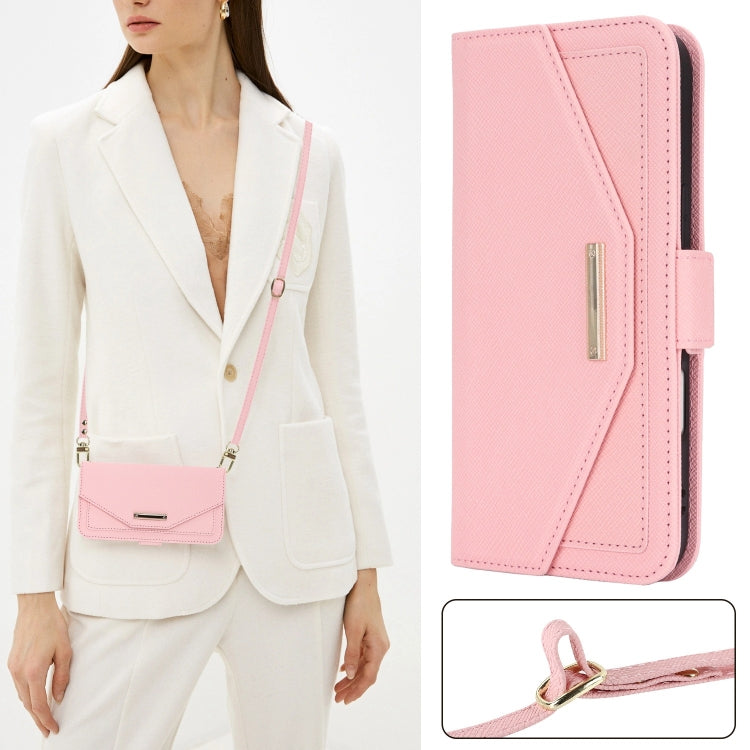 For iPhone 16 Cross Texture Crossbody Lanyard Leather Phone Case(Pink) - iPhone 16 Cases by PMC Jewellery | Online Shopping South Africa | PMC Jewellery | Buy Now Pay Later Mobicred