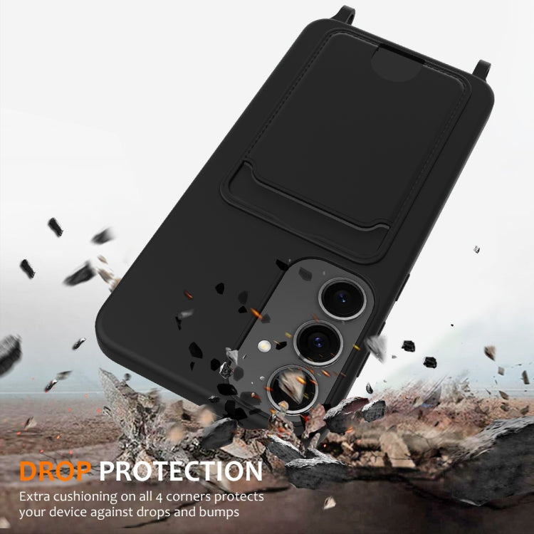 For Samsung Galaxy S25+ 5G Integrated Card Bag Solid Color Liquid Silicone Phone Case with Lanyard(Black) - free shipping - PMC Jewellery - Order now!