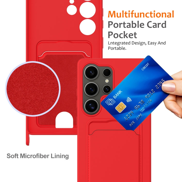 For Samsung Galaxy S25 Ultra 5G Integrated Card Bag Solid Color Liquid Silicone Phone Case with Lanyard(Red) - Galaxy S25 Ultra 5G Cases by PMC Jewellery | Online Shopping South Africa | PMC Jewellery | Buy Now Pay Later Mobicred