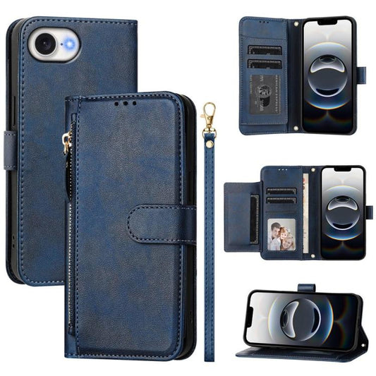 For iPhone 16e Multi-Card Slots Zipper Wallet Leather Phone Case(Blue) - iPhone 16e Cases by PMC Jewellery | Online Shopping South Africa | PMC Jewellery | Buy Now Pay Later Mobicred