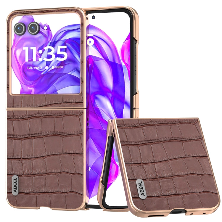 For Motorola Razr 50 ABEEL Electroplating Frame Crocodile Texture Genuine Leather Phone Case(Brown) - Motorola Cases by PMC TechLife | Online Shopping South Africa | PMC TechLife | Buy Now Pay Later Mobicred