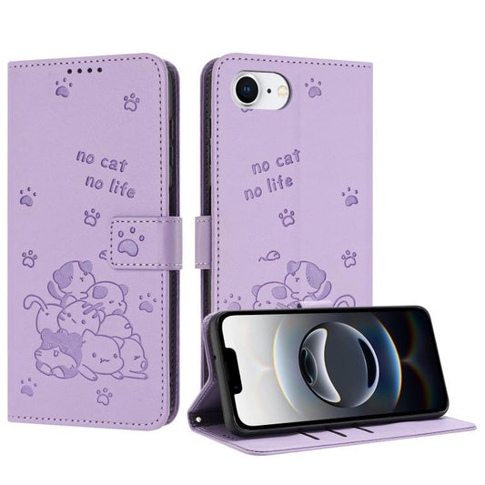 For iPhone 16e Embossed Kitten Phone Leather Case with Lanyard(Purple) - iPhone 16e Cases by PMC Jewellery | Online Shopping South Africa | PMC Jewellery | Buy Now Pay Later Mobicred