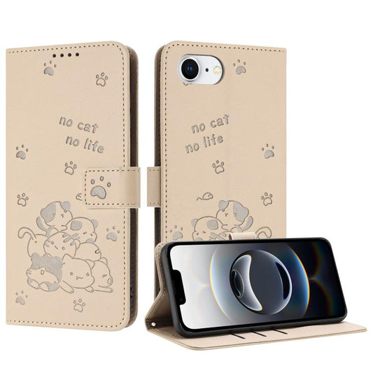 For iPhone 16e Embossed Kitten Phone Leather Case with Lanyard(Beige) - iPhone 16e Cases by PMC Jewellery | Online Shopping South Africa | PMC Jewellery | Buy Now Pay Later Mobicred