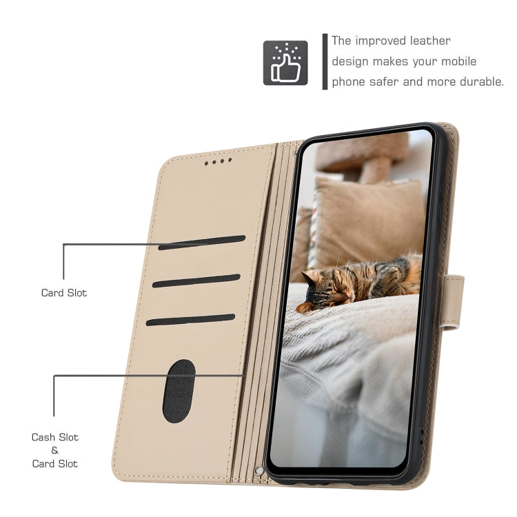 For iPhone 16e Embossed Kitten Phone Leather Case with Lanyard(Beige) - iPhone 16e Cases by PMC TechLife | Online Shopping South Africa | PMC TechLife | Buy Now Pay Later Mobicred
