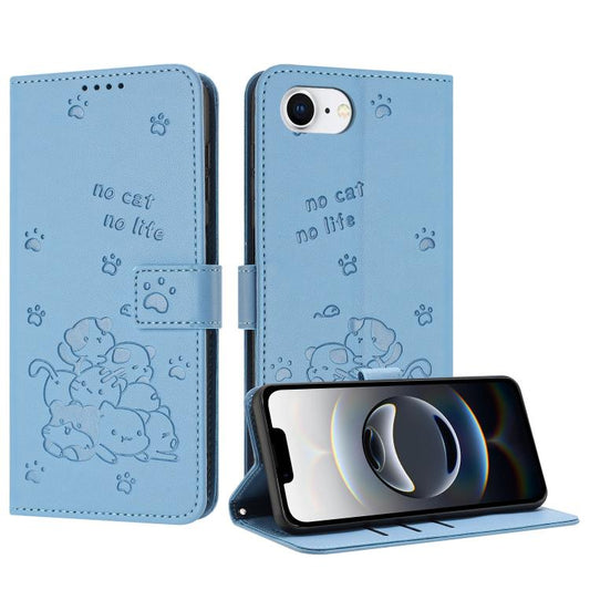 For iPhone 16e Embossed Kitten Phone Leather Case with Lanyard(Blue) - iPhone 16e Cases by PMC Jewellery | Online Shopping South Africa | PMC Jewellery | Buy Now Pay Later Mobicred