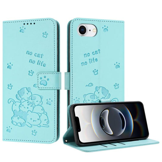 For iPhone 16e Embossed Kitten Phone Leather Case with Lanyard(Mint Green) - iPhone 16e Cases by PMC Jewellery | Online Shopping South Africa | PMC Jewellery | Buy Now Pay Later Mobicred