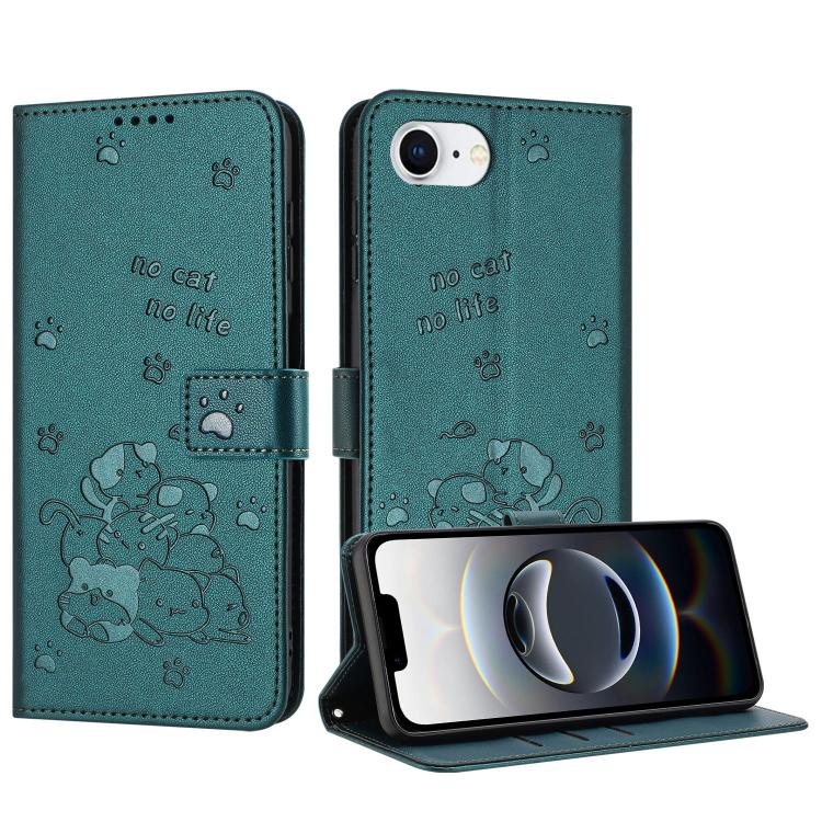 For iPhone 16e Embossed Kitten Phone Leather Case with Lanyard(Dark Green) - iPhone 16e Cases by PMC TechLife | Online Shopping South Africa | PMC TechLife | Buy Now Pay Later Mobicred