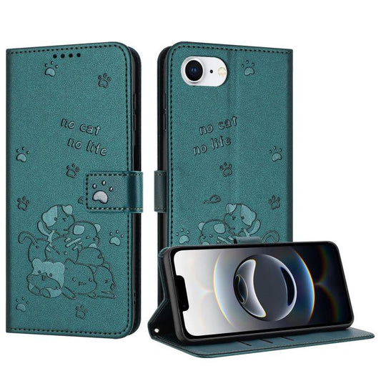 For iPhone 16e Embossed Kitten Phone Leather Case with Lanyard(Dark Green) - iPhone 16e Cases by PMC Jewellery | Online Shopping South Africa | PMC Jewellery | Buy Now Pay Later Mobicred