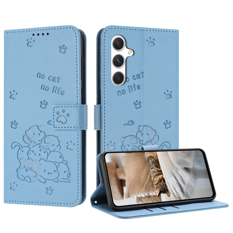 For Samsung Galaxy S25 / S24 5G Embossed Kitten Phone Leather Case with Lanyard(Blue) - free shipping - PMC TechLife - Order now!