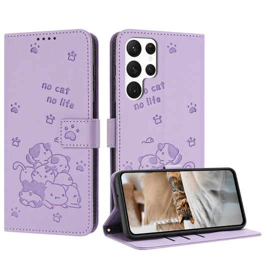 For Samsung Galaxy S25 Ultra 5G Embossed Kitten Phone Leather Case with Lanyard(Purple) - Galaxy S25 Ultra 5G Cases by PMC Jewellery | Online Shopping South Africa | PMC Jewellery | Buy Now Pay Later Mobicred