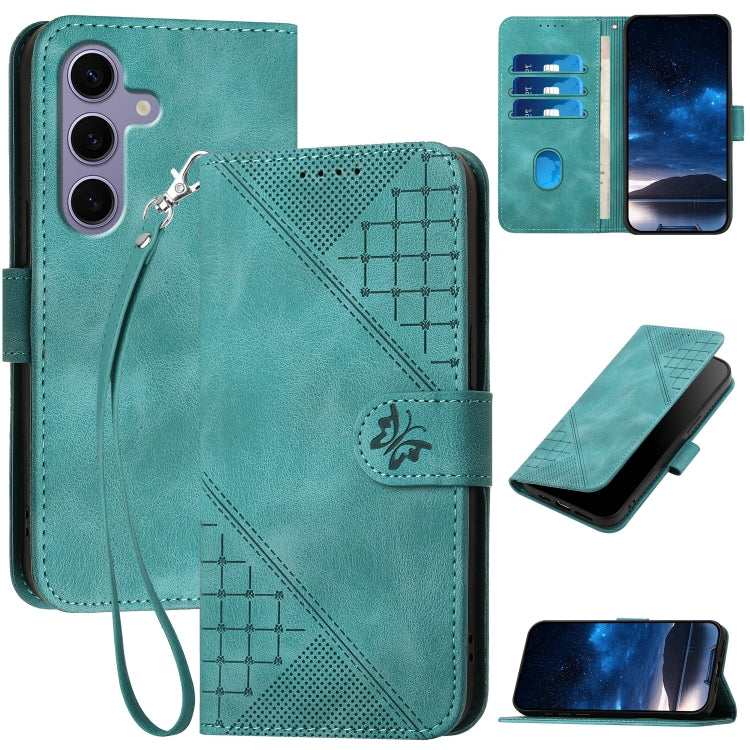 For Samsung Galaxy S25 5G YX0080 Grid Butterfly Embossed Pattern Flip Leather Phone Case with Lanyard(Light Blue) - Galaxy S25 5G Cases by PMC Jewellery | Online Shopping South Africa | PMC Jewellery | Buy Now Pay Later Mobicred