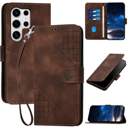 For Samsung Galaxy S25 Ultra 5G YX0080 Grid Butterfly Embossed Pattern Flip Leather Phone Case with Lanyard(Coffee) - Galaxy S25 Ultra 5G Cases by PMC Jewellery | Online Shopping South Africa | PMC Jewellery | Buy Now Pay Later Mobicred