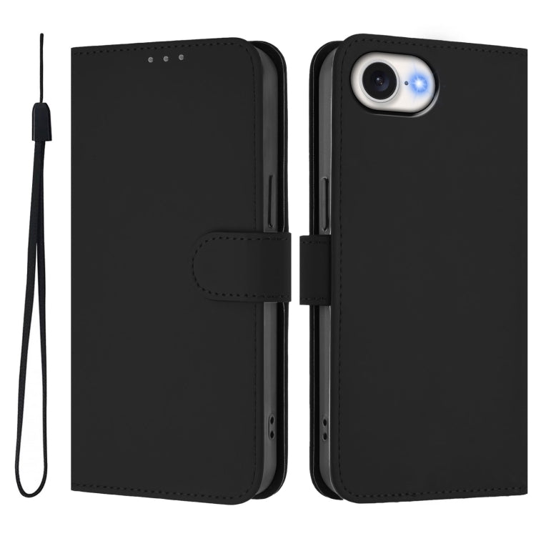 For iPhone 16e Skin Feel Solid Color Leather Phone Case with Lanyard(Black) - iPhone 16e Cases by PMC TechLife | Online Shopping South Africa | PMC TechLife | Buy Now Pay Later Mobicred