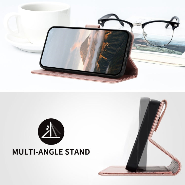 For iPhone 16e Triangle Pattern Buckle Clasp Leather Phone Case(Rose Gold) - iPhone 16e Cases by PMC TechLife | Online Shopping South Africa | PMC TechLife | Buy Now Pay Later Mobicred