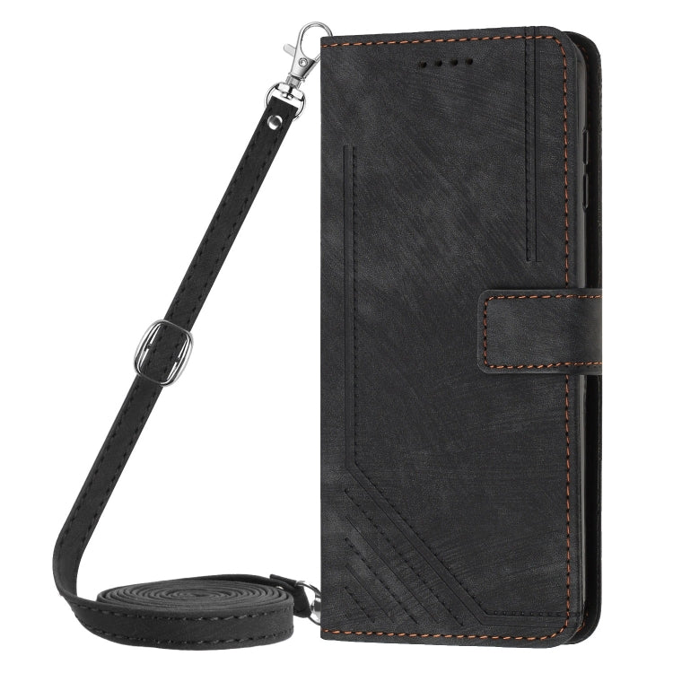 For Samsung Galaxy S25 / S24 5G Skin Feel Stripe Pattern Leather Phone Case with Long Lanyard(Black) - Galaxy S25 5G Cases by PMC Jewellery | Online Shopping South Africa | PMC Jewellery | Buy Now Pay Later Mobicred