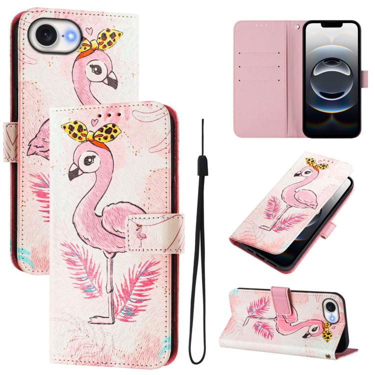 For iPhone 16e Art Colored Drawing Pattern Leather Phone Case(Flamingo) - iPhone 16e Cases by PMC TechLife | Online Shopping South Africa | PMC TechLife | Buy Now Pay Later Mobicred