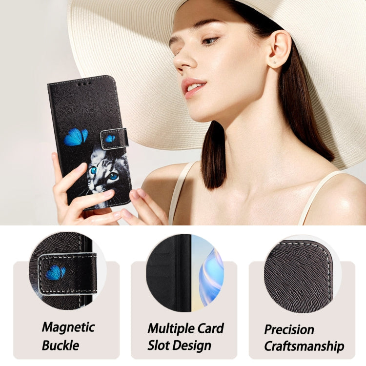 For iPhone 16e Art Colored Drawing Pattern Leather Phone Case(Butterfly cat) - iPhone 16e Cases by PMC TechLife | Online Shopping South Africa | PMC TechLife | Buy Now Pay Later Mobicred