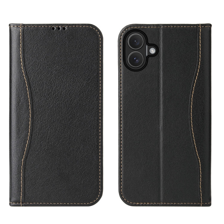 For iPhone 16 Fierre Shann Cowhide Leather Flip Leather Phone Case(Black) - free shipping - PMC Jewellery - Order now!