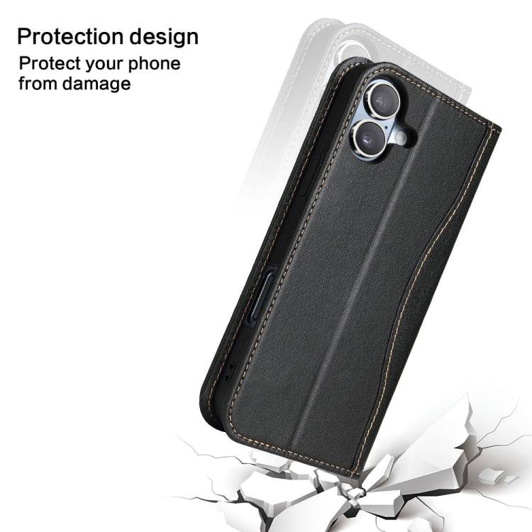 For iPhone 16 Fierre Shann Cowhide Leather Flip Leather Phone Case(Black) - free shipping - PMC Jewellery - Order now!