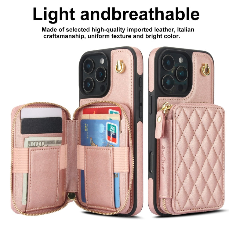 For iPhone 16 Pro Max AwQuer Crossbody Zipper Wallet Rhombic Leather Back Phone Case(Rose Gold) - iPhone 16 Pro Max Cases by Awquer | Online Shopping South Africa | PMC Jewellery | Buy Now Pay Later Mobicred