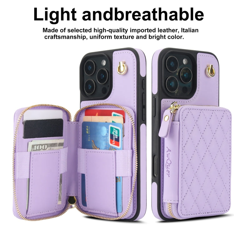 For iPhone 16 Pro Max AwQuer Crossbody Zipper Wallet Rhombic Leather Back Phone Case(Purple) - iPhone 16 Pro Max Cases by Awquer | Online Shopping South Africa | PMC Jewellery | Buy Now Pay Later Mobicred