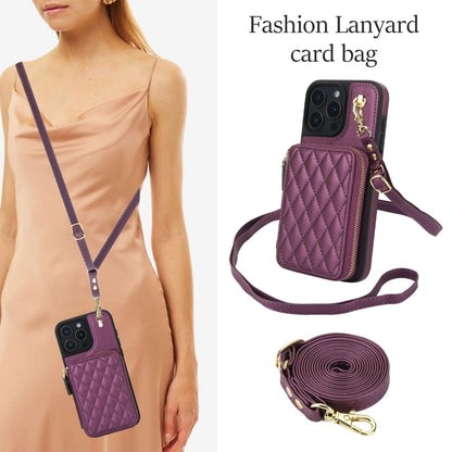 For iPhone 16 Pro AwQuer Crossbody Zipper Wallet Rhombic Leather Back Phone Case(Dark Purple) - iPhone 16 Pro Cases by Awquer | Online Shopping South Africa | PMC Jewellery | Buy Now Pay Later Mobicred