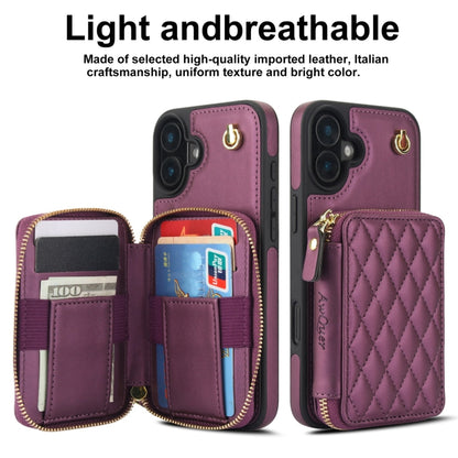 For iPhone 16 Plus AwQuer Crossbody Zipper Wallet Rhombic Leather Back Phone Case(Dark Purple) - iPhone 16 Plus Cases by Awquer | Online Shopping South Africa | PMC Jewellery | Buy Now Pay Later Mobicred