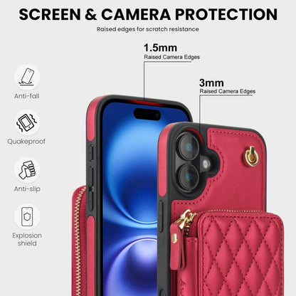 For iPhone 16 AwQuer Crossbody Zipper Wallet Rhombic Leather Back Phone Case(Red) - iPhone 16 Cases by Awquer | Online Shopping South Africa | PMC Jewellery | Buy Now Pay Later Mobicred