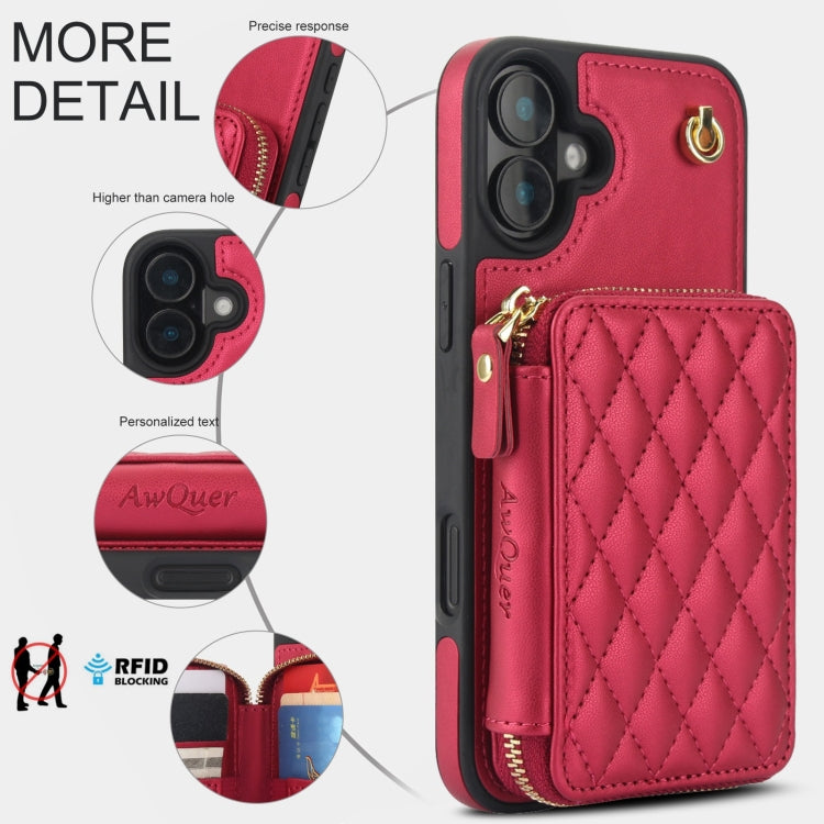 For iPhone 16 AwQuer Crossbody Zipper Wallet Rhombic Leather Back Phone Case(Red) - iPhone 16 Cases by Awquer | Online Shopping South Africa | PMC Jewellery | Buy Now Pay Later Mobicred