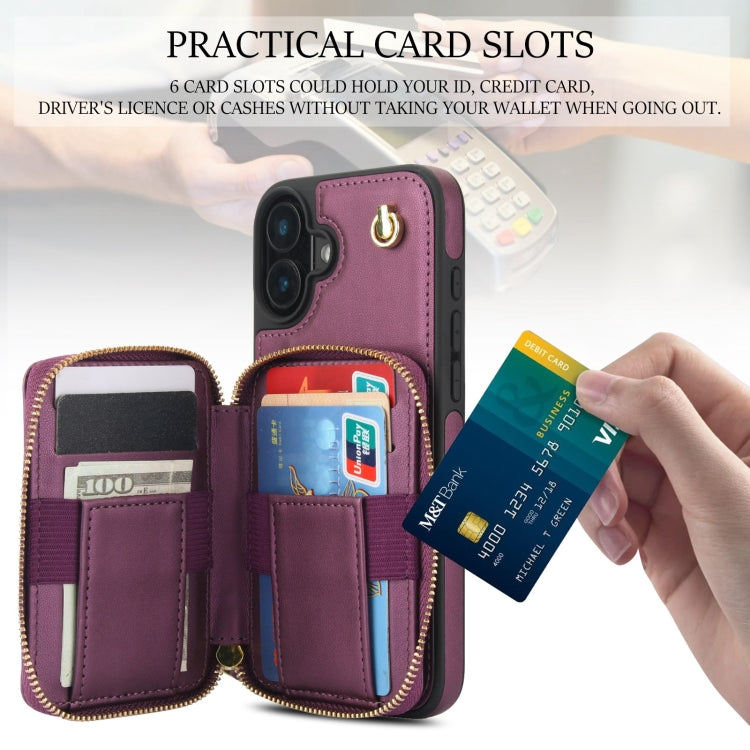 For iPhone 16 AwQuer Crossbody Zipper Wallet Rhombic Leather Back Phone Case(Dark Purple) - iPhone 16 Cases by Awquer | Online Shopping South Africa | PMC Jewellery | Buy Now Pay Later Mobicred