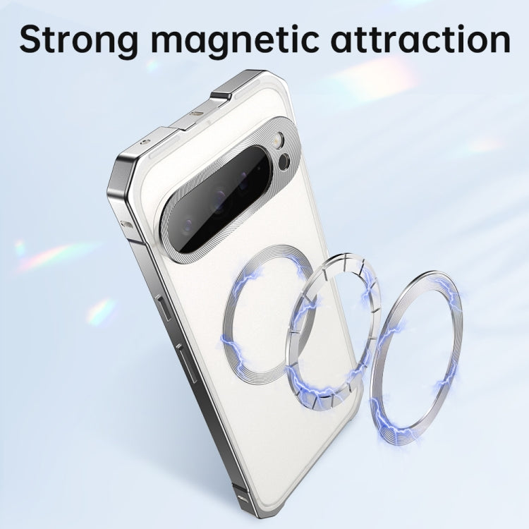 For Google Pixel 9 Pro Irregular Alloy Frame Fosted Translucent MagSafe Phone Case(Titanium) - Google Cases by PMC TechLife | Online Shopping South Africa | PMC TechLife | Buy Now Pay Later Mobicred