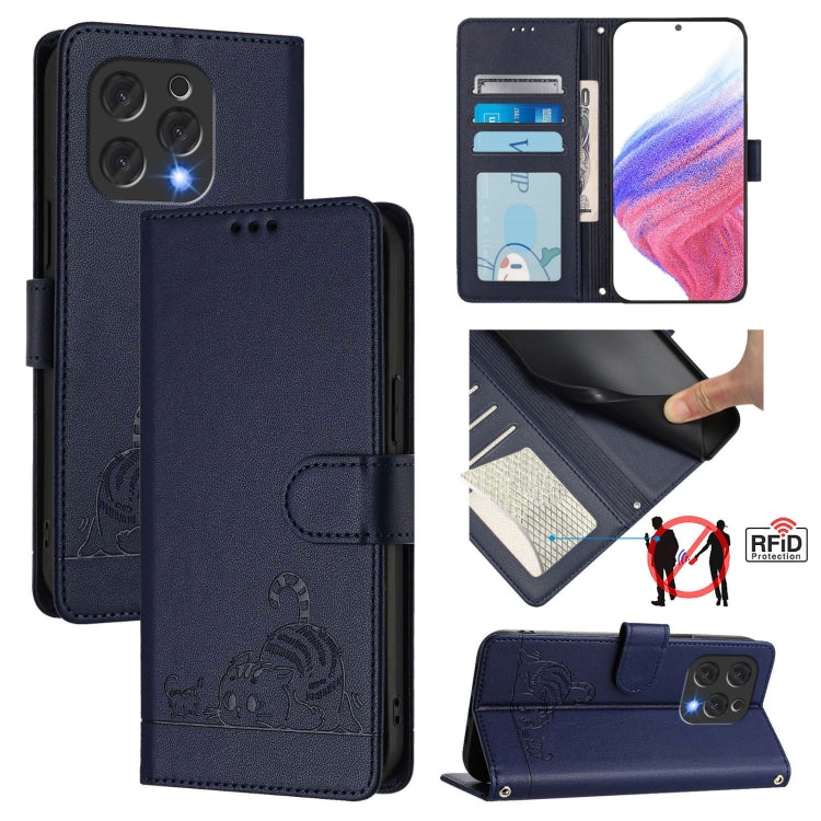 For Doogee N55 Plus Cat Rat Embossed Pattern RFID Leather Phone Case with Lanyard(Blue) - Doogee Cases by PMC TechLife | Online Shopping South Africa | PMC TechLife | Buy Now Pay Later Mobicred