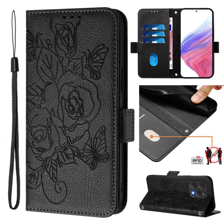 For Doogee N55 Plus Embossed Rose RFID Anti-theft Leather Phone Case(Black) - More Brand by PMC TechLife | Online Shopping South Africa | PMC TechLife | Buy Now Pay Later Mobicred