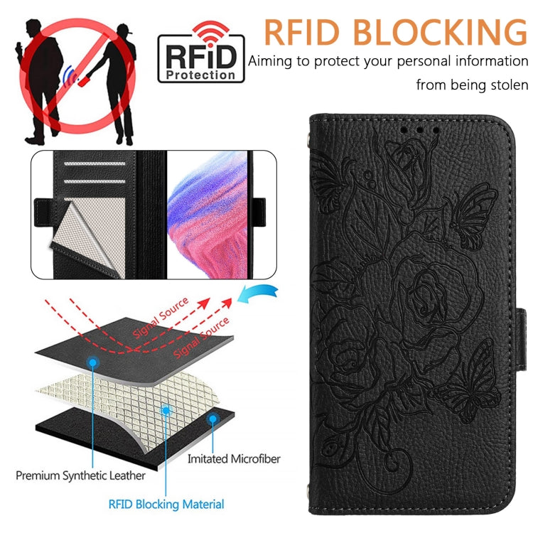 For Doogee N55 Plus Embossed Rose RFID Anti-theft Leather Phone Case(Black) - More Brand by PMC TechLife | Online Shopping South Africa | PMC TechLife | Buy Now Pay Later Mobicred