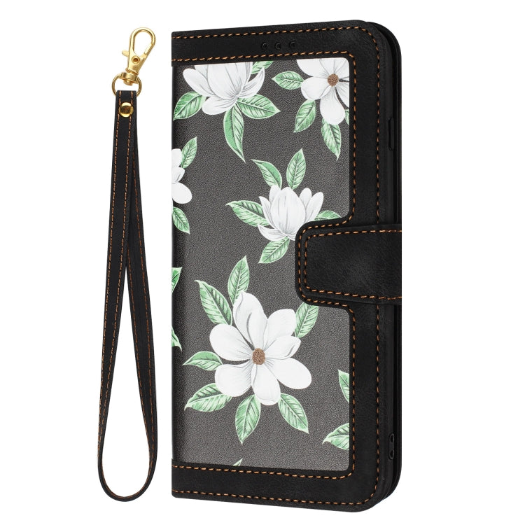 For iPhone 16e Floral Pattern Leather Phone Case with Lanyard(Black) - iPhone 16e Cases by PMC TechLife | Online Shopping South Africa | PMC TechLife | Buy Now Pay Later Mobicred