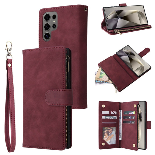 For Samsung Galaxy S25 Ultra 5G Multifunctional Frosted Zipper Wallet Leather Phone Case(Wine Red) - Galaxy S25 Ultra 5G Cases by PMC Jewellery | Online Shopping South Africa | PMC Jewellery | Buy Now Pay Later Mobicred