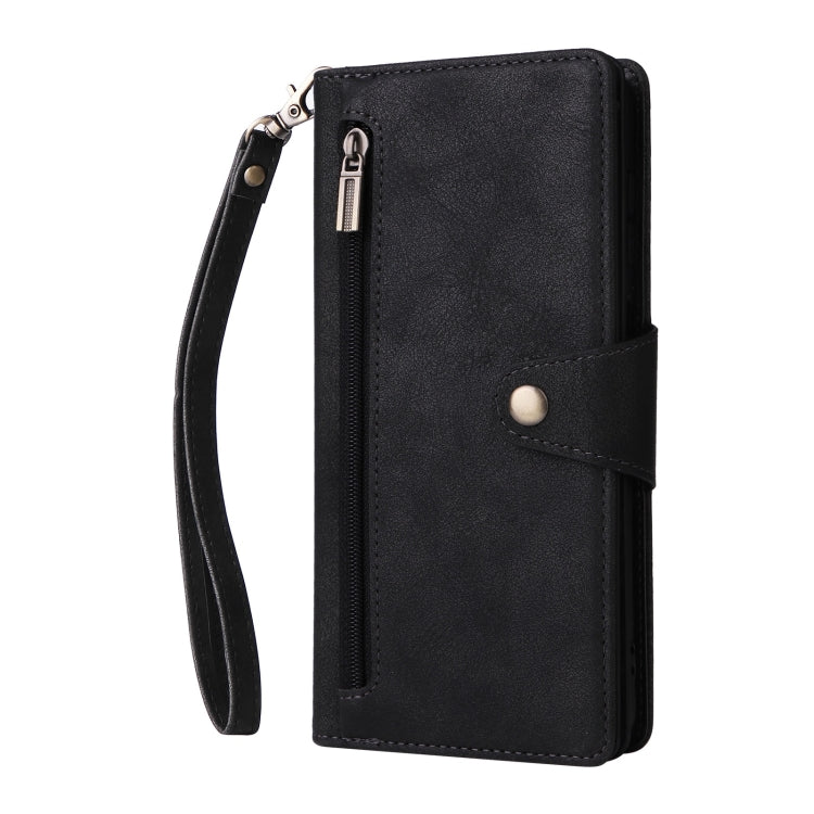 For Samsung Galaxy S25 5G Rivet Buckle 9 Cards Three Fold Leather Phone Case(Black) - Galaxy S25 5G Cases by PMC Jewellery | Online Shopping South Africa | PMC Jewellery | Buy Now Pay Later Mobicred